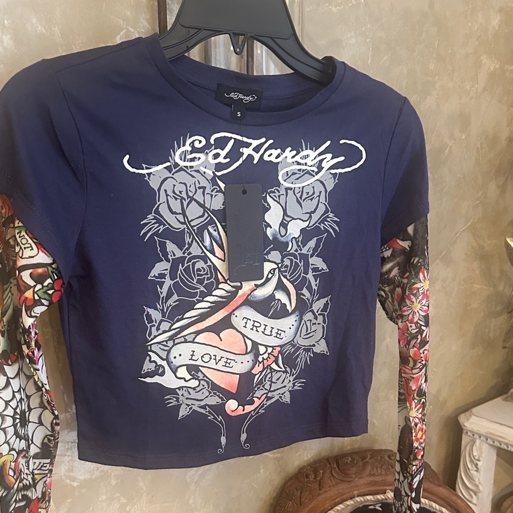 Ed Hardy Navy and Multicolor Graphic Top
